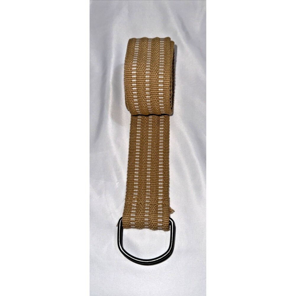 Men's Beige Web Belt Size 34 Double D Ring Buckle White Accents